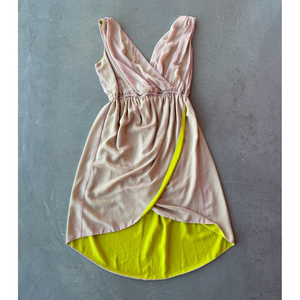 Gibson Latimer Dress Women's L Blush Pink Chartreuse Colorblock Draped Midi